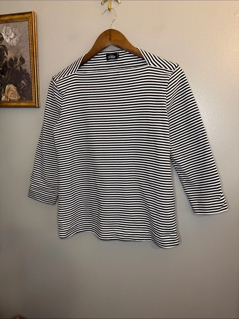 Kate Spade Saturday Striped Boat Neck 3/4 Sleeve Cotton Knit Top L Black White
